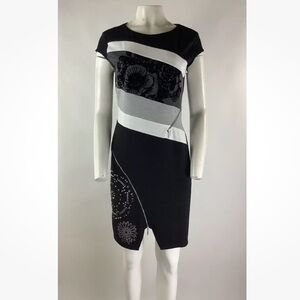 Desigual Sz L Sheath Floral Print Studded Dress Black Viscose Zipper Detail